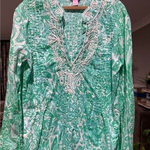 Lilly Pulitzer Green Patterned Blouse with Embroidery